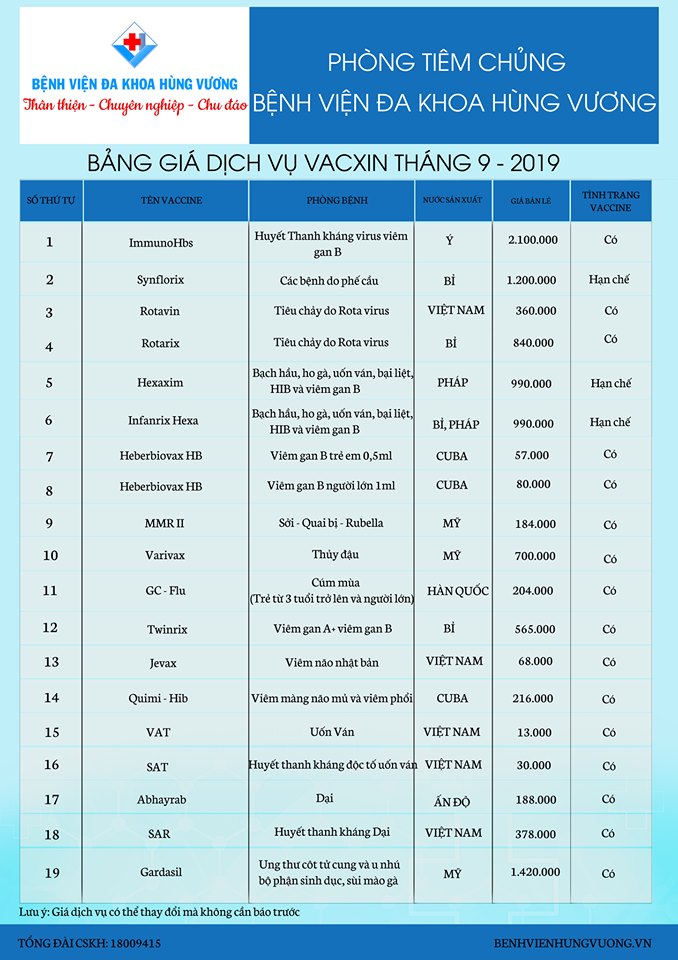 Bảng giá vắc xin tại phòng tiêm chủng Bệnh viện đa khoa Hùng Vương